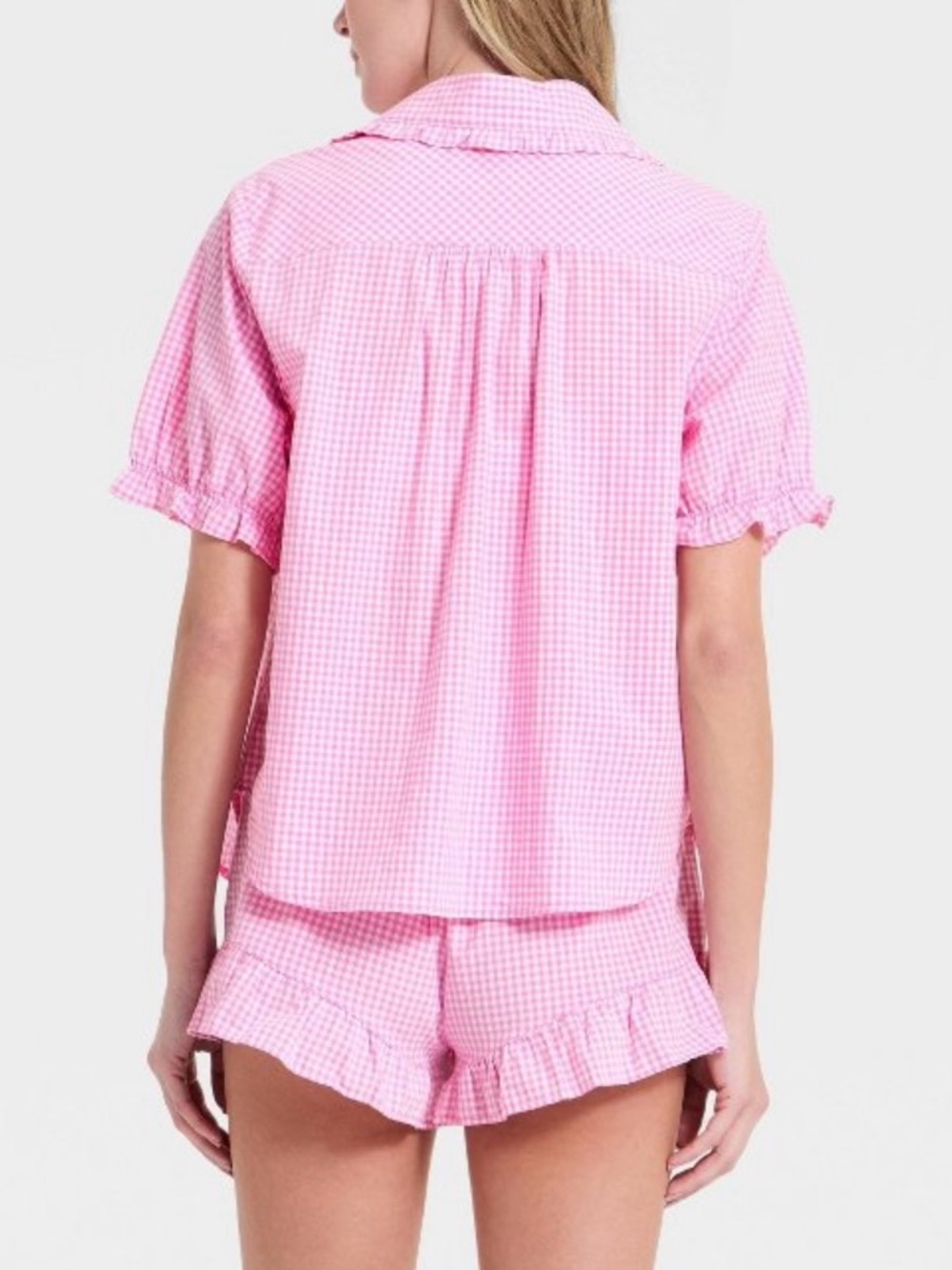 Auden Pajamas Pink Gingham Ruffle Shorts Button Notch Collar Top Size Large NWT - Picture 2 of 13